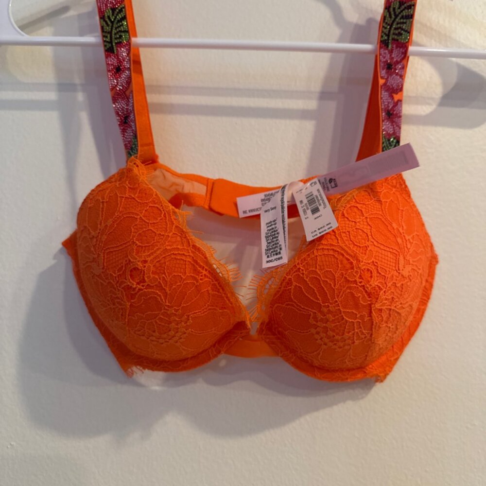 Victoria secret sparkly strap tripoical themed orange bra size 30C NWT
